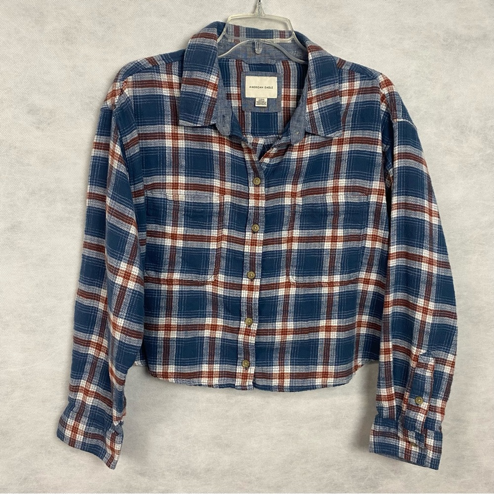 American Eagle Outfitters Navy and Rust Plaid Shirt
